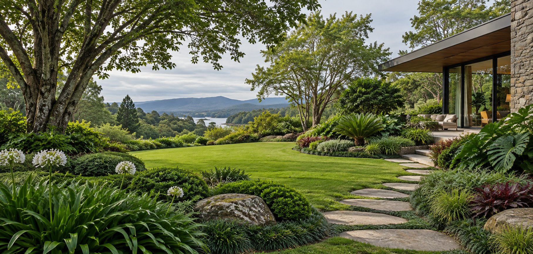 Jardim bem cuidado com gramado, árvores e caminho de pedras